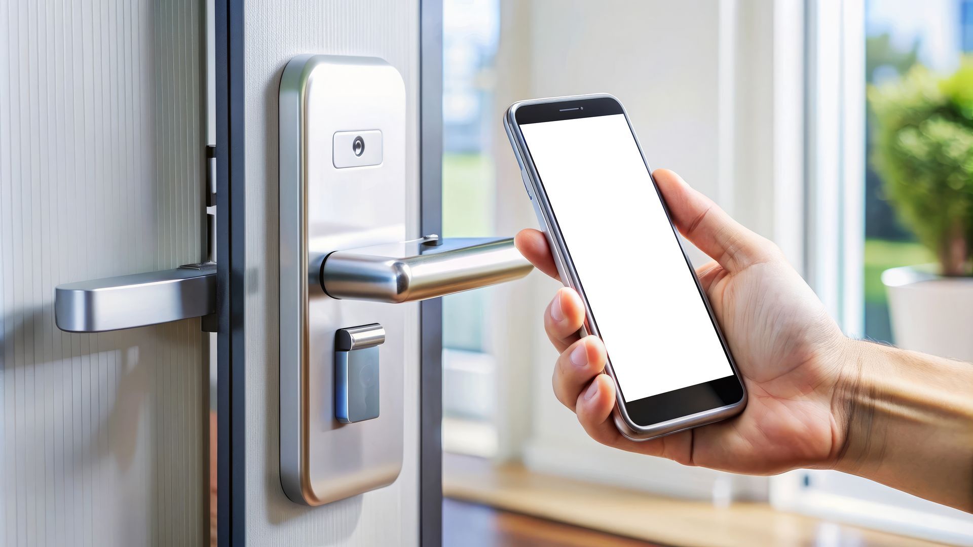 Person unlocking a door with a smartphone. Silver door handle and lock; indoors.