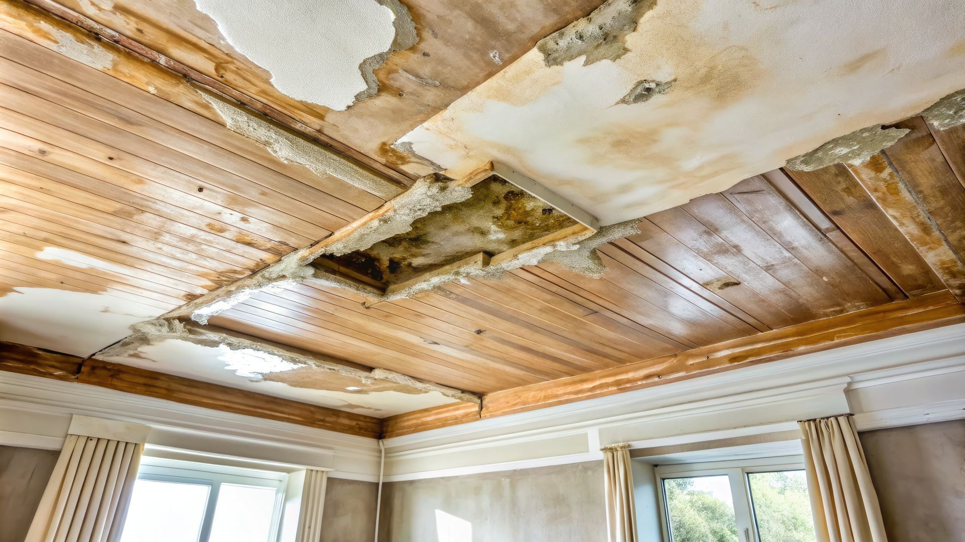 Damaged ceiling with peeling paint, showing water damage and a hole. Wooden paneling visible.