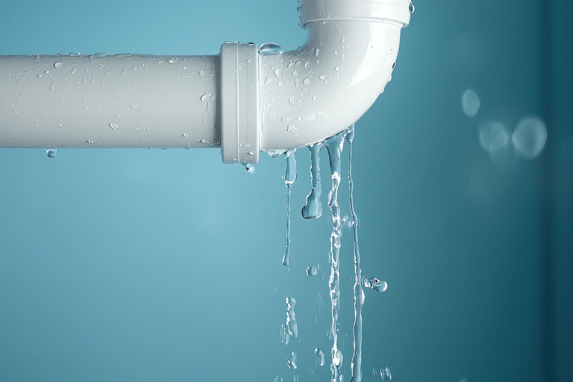 Leaking white pipe against a light blue wall; water drips down.