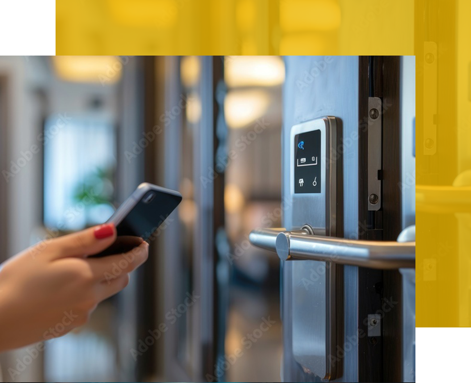 Woman unlocks a door with a smartphone. Silver smart lock on wooden door.