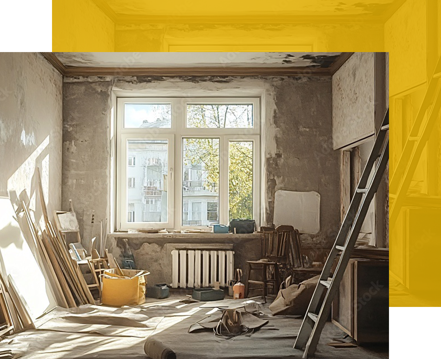 Room under renovation with a window, ladder, and supplies; sunlight streams in.