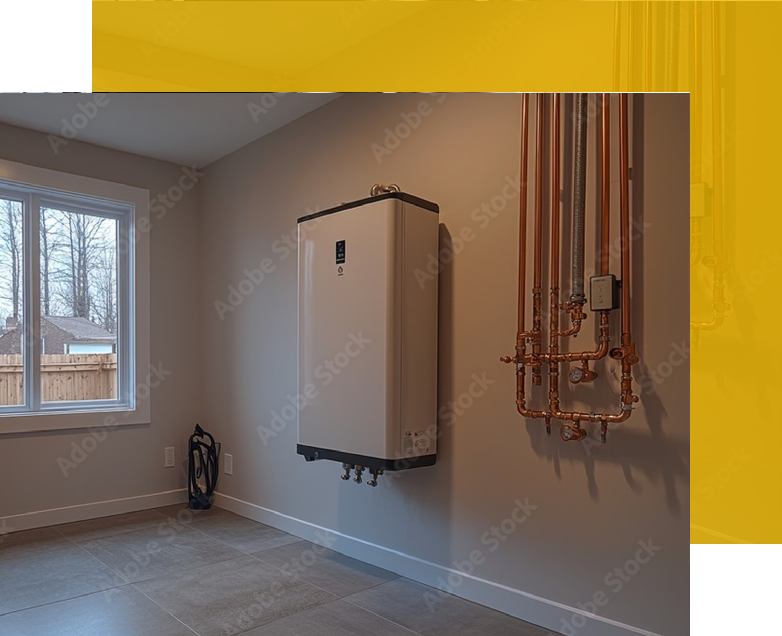 Water heater and copper pipes mounted on a beige wall in a room with a window.