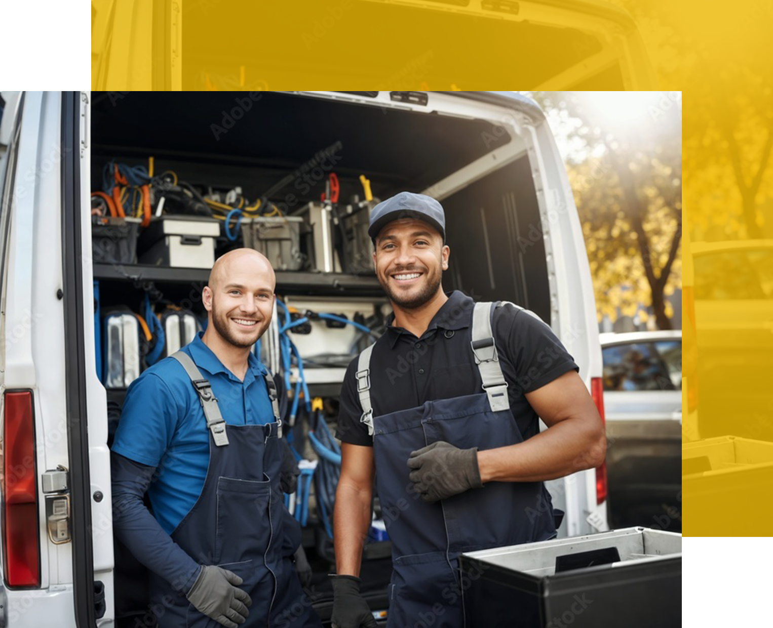 Two smiling workers stand in front of a van filled with tools.