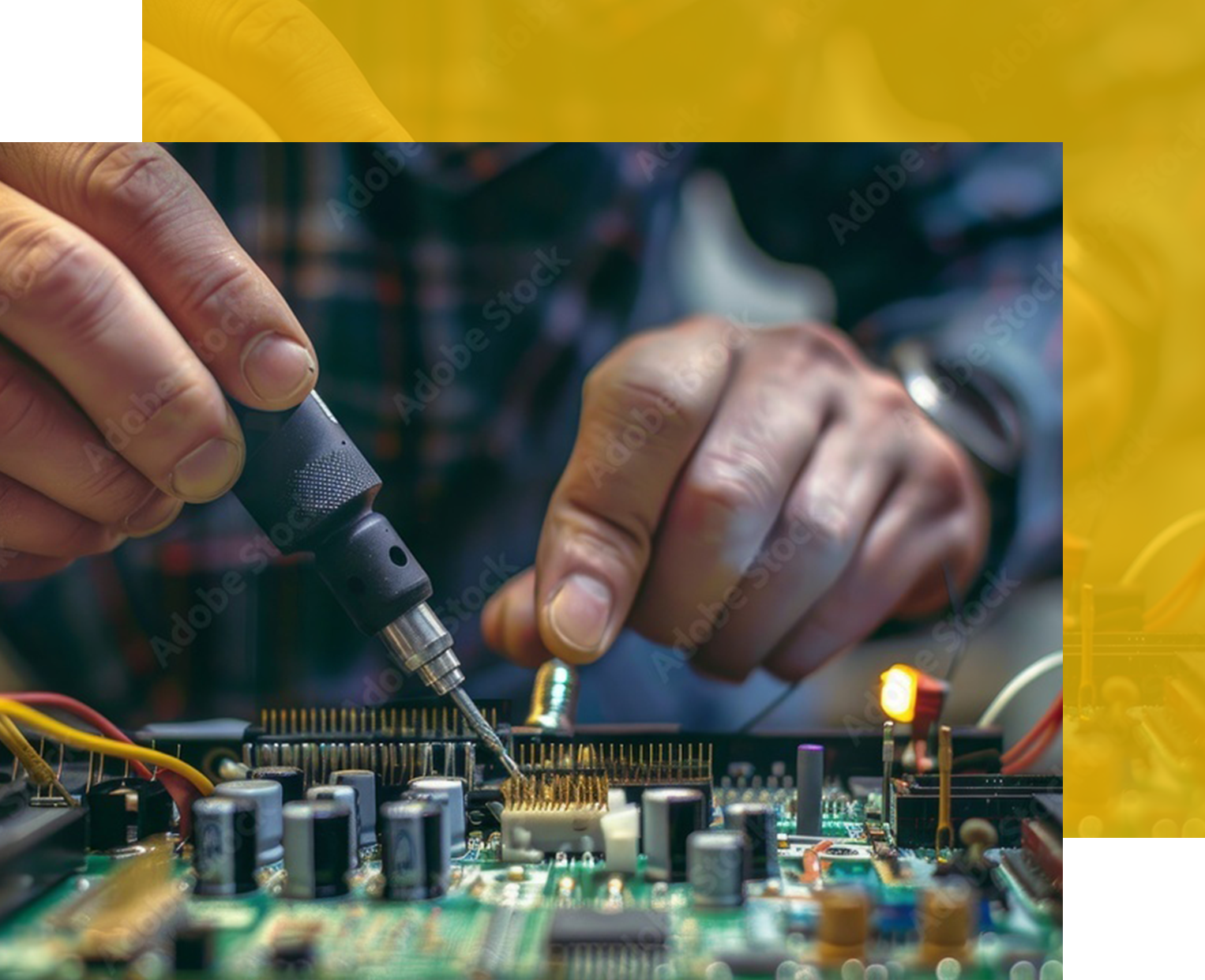 Person soldering electronic components on a circuit board.