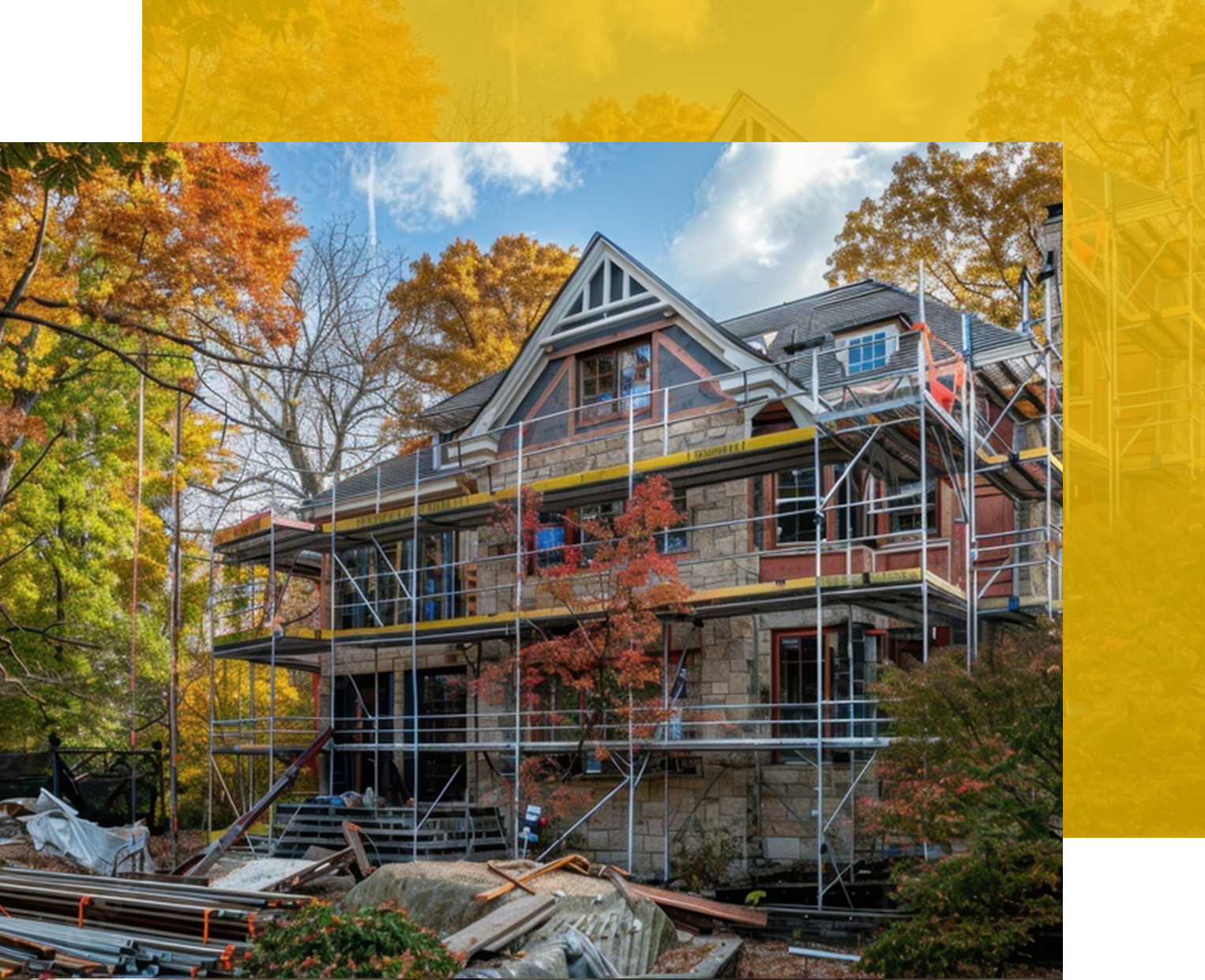 House under construction with scaffolding, surrounded by autumn trees and construction materials.