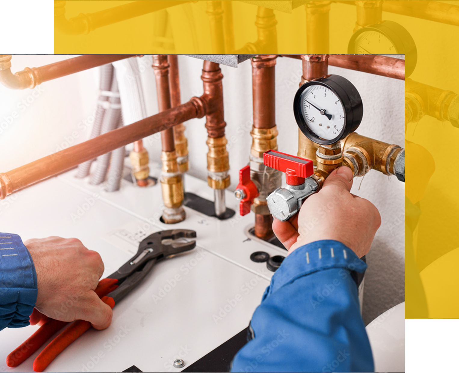 Plumber using tools on copper pipes with a pressure gauge.