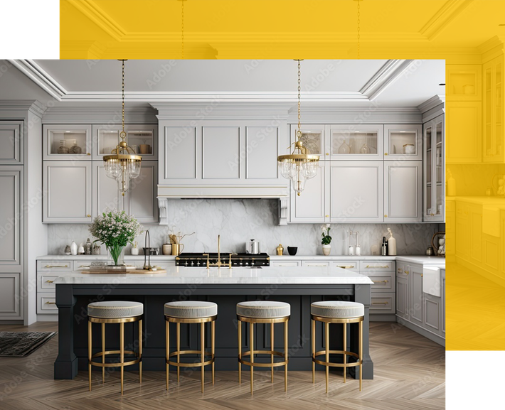 Elegant kitchen with white cabinets, dark island with gold stools, gold chandeliers.
