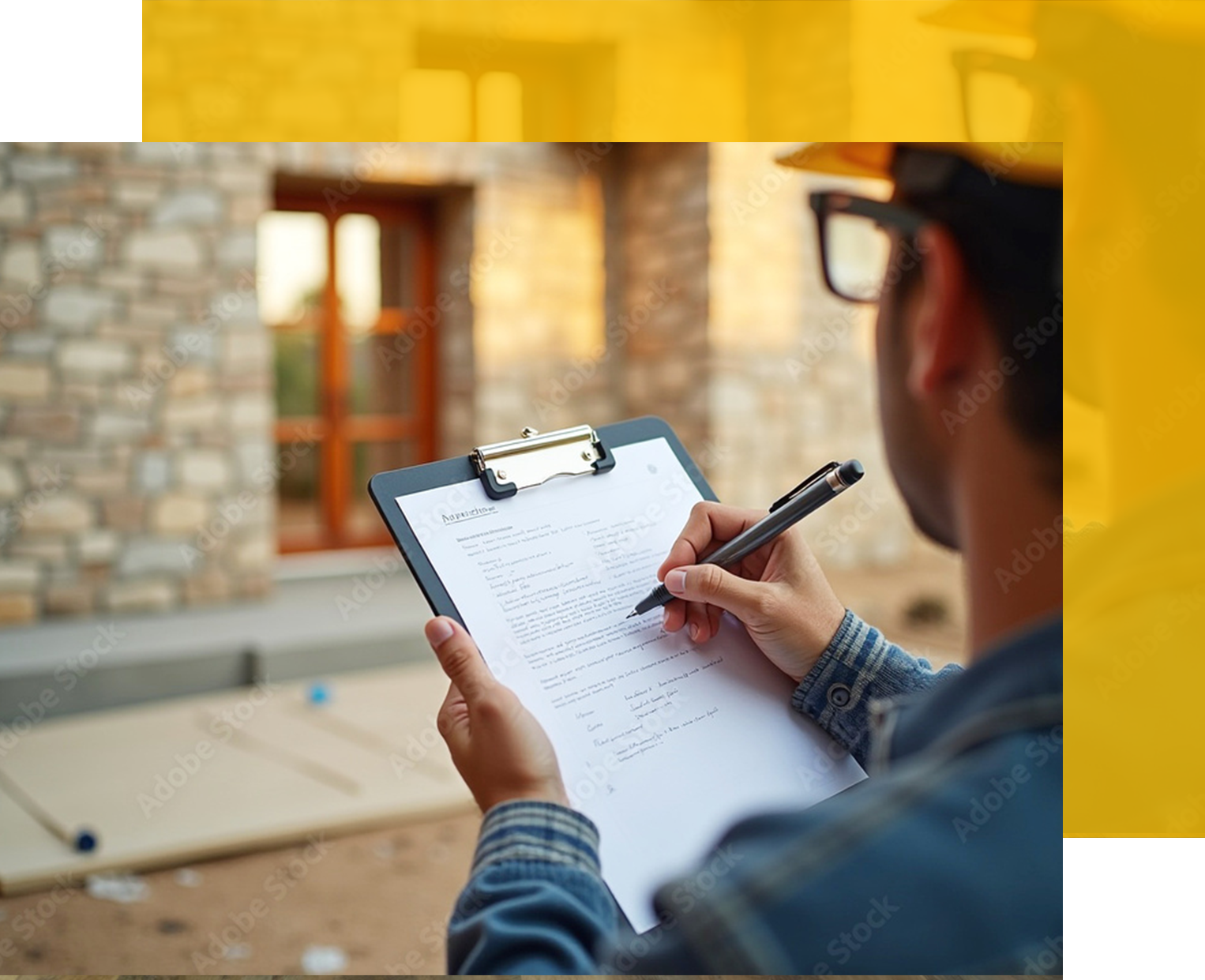 Person in hard hat and glasses inspecting construction, writing on clipboard outdoors.