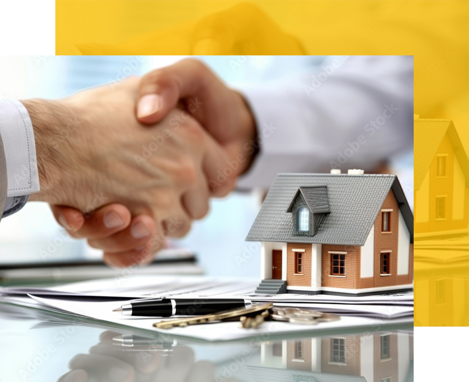Handshake over house model, keys, and documents, symbolizing a real estate deal.