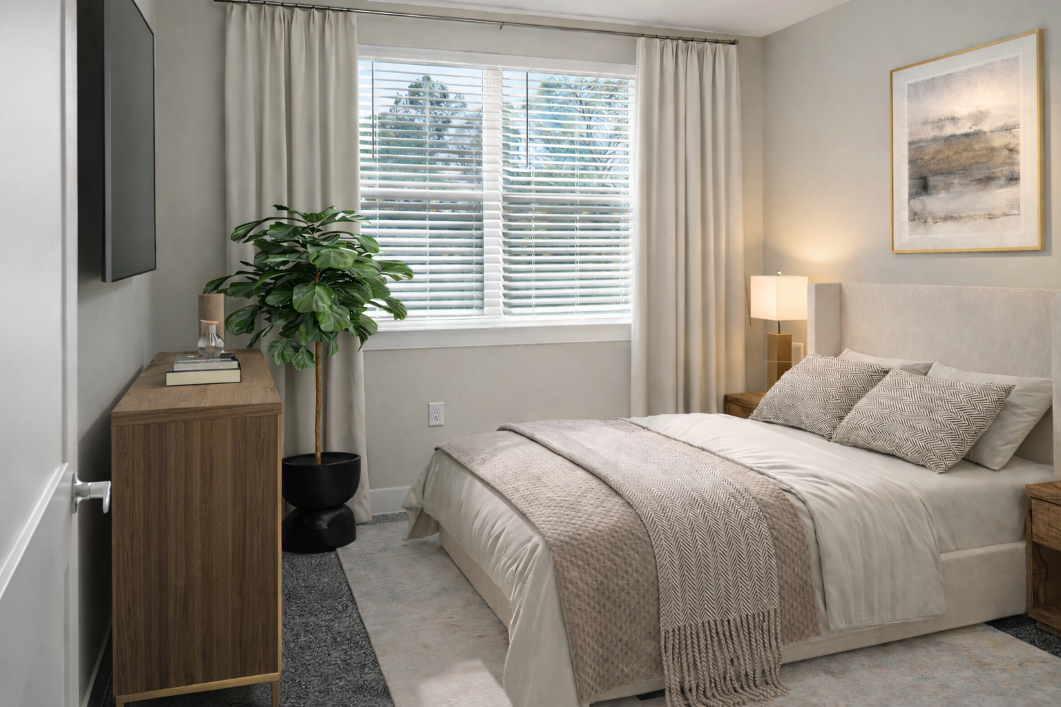 Bedroom in an apartment with a made bed, nightstands, a potted plant, and a window with blinds.
