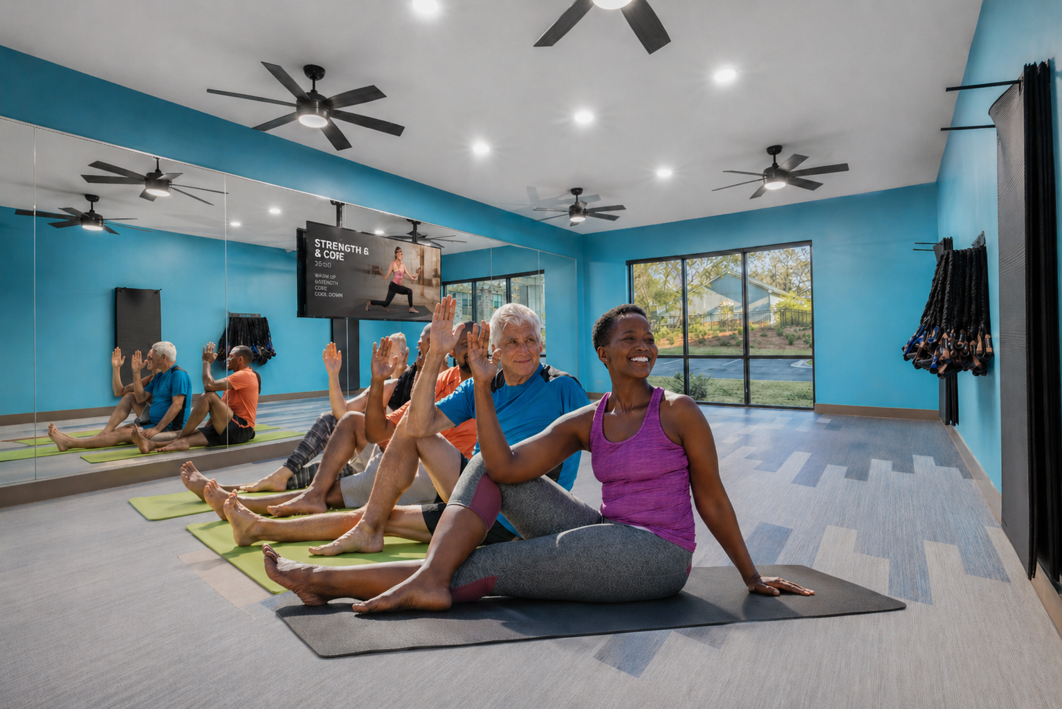 People stretching on yoga mats in a bright studio with mirrors and large windows.