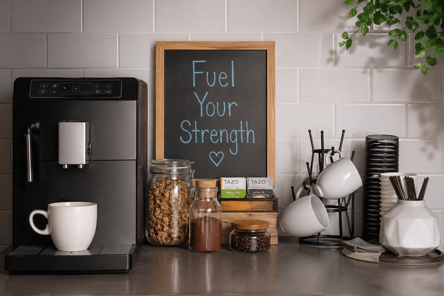 Coffee station with chalkboard reading “Fuel Your Strength,” mugs, jars, and utensils on a kitchen counter