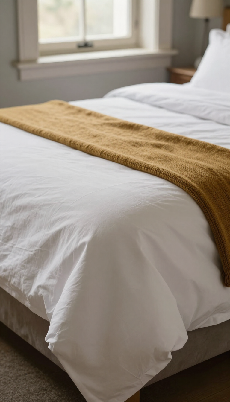 Neatly made bed with white sheets and a mustard knit throw near a window