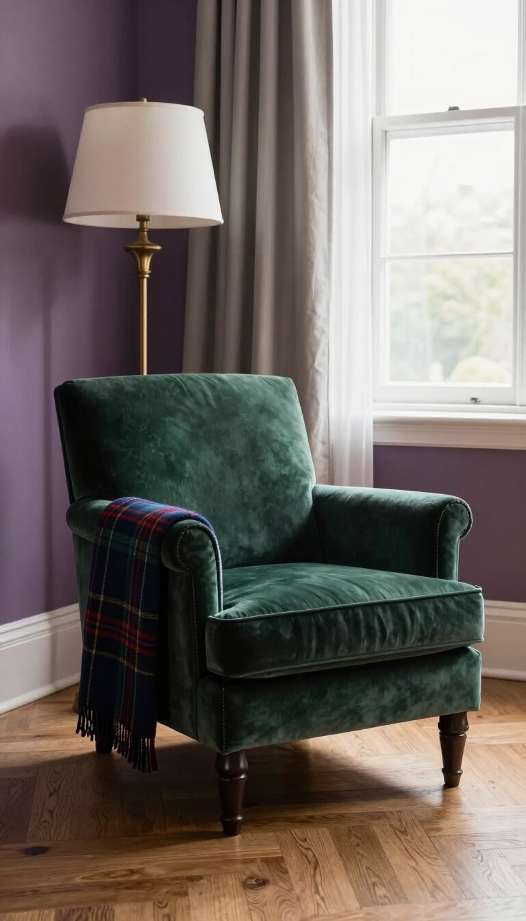 Green velvet armchair beside a floor lamp and window in a purple-walled room