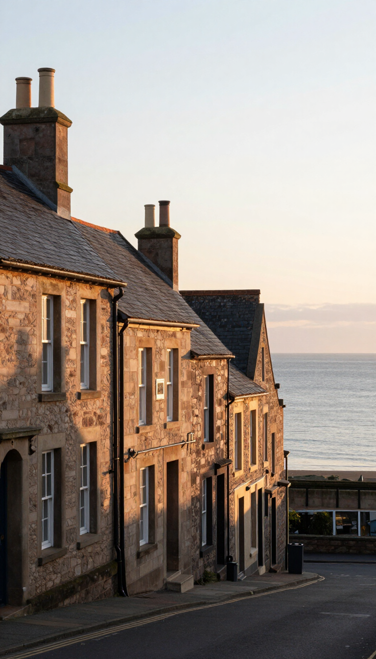 Stone houses line a sloping seaside street at sunset, with the sea visible beyond.