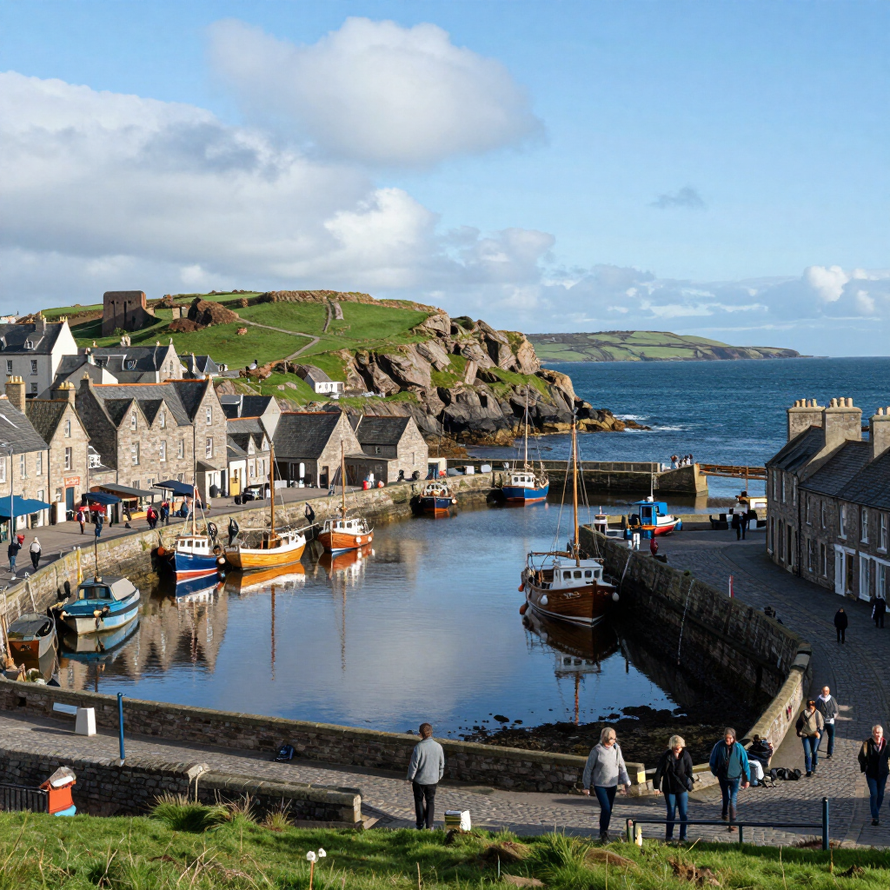 Stone cottages and fishing boats in a Fife harbour village