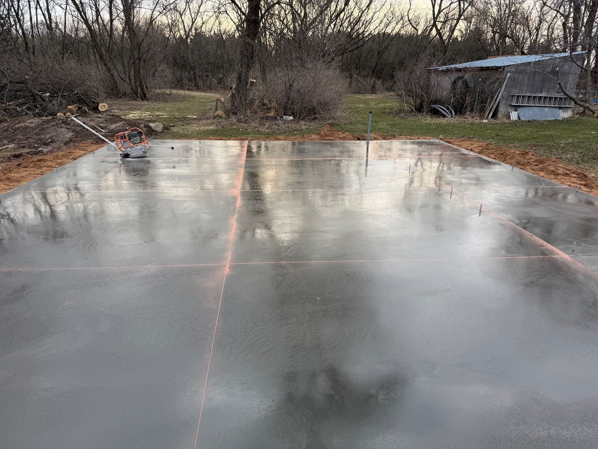 Wet concrete slab reflecting bare trees in a wooded outdoor area, with a shed in the background.