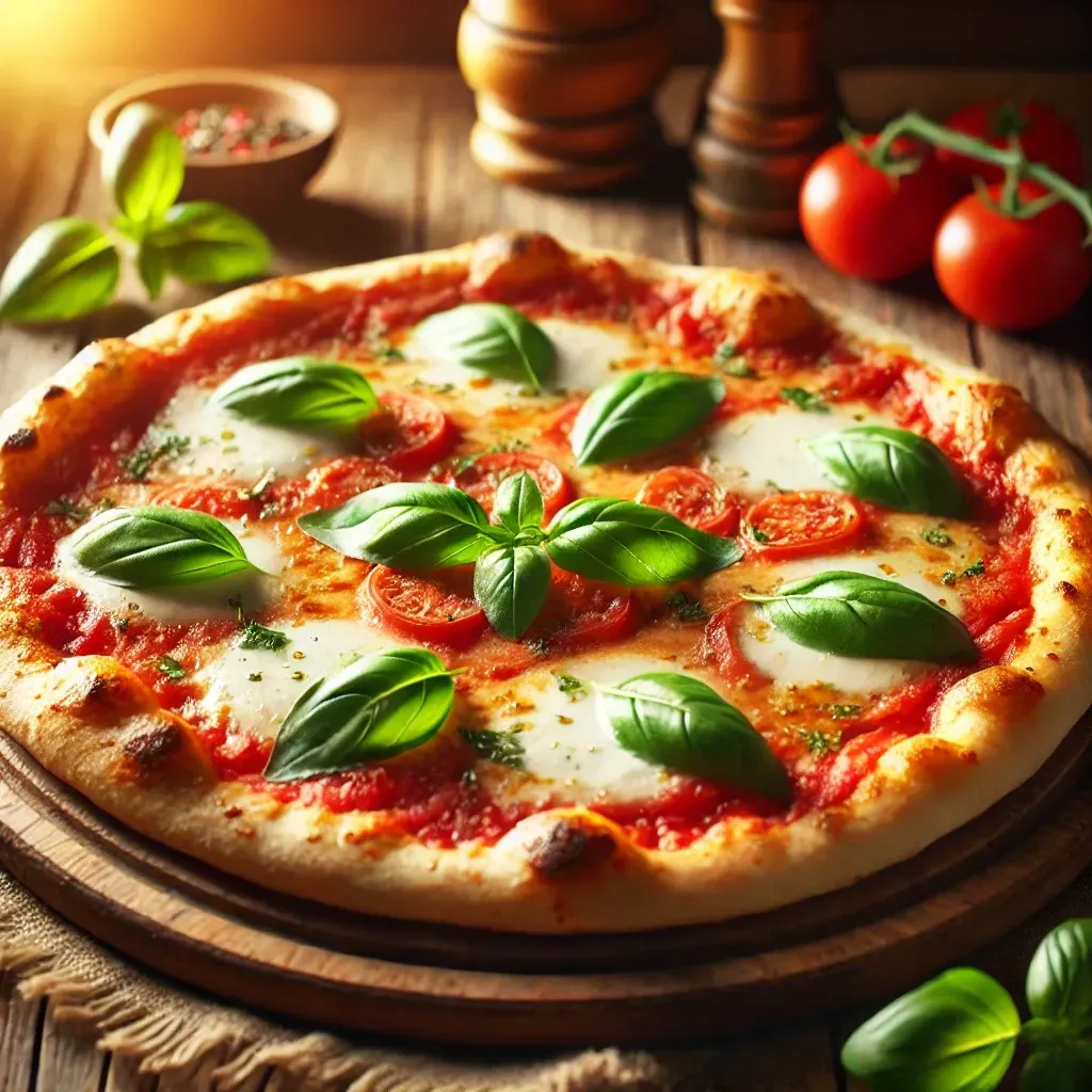 Una pizza con pomodori, formaggio e basilico su un tavolo di legno.