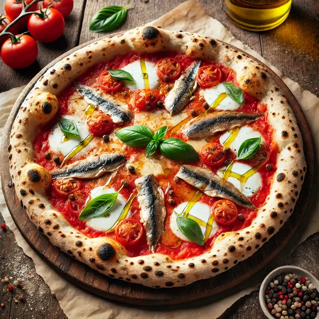 Una pizza con sarde, pomodori, basilico e mozzarella su un tagliere di legno.