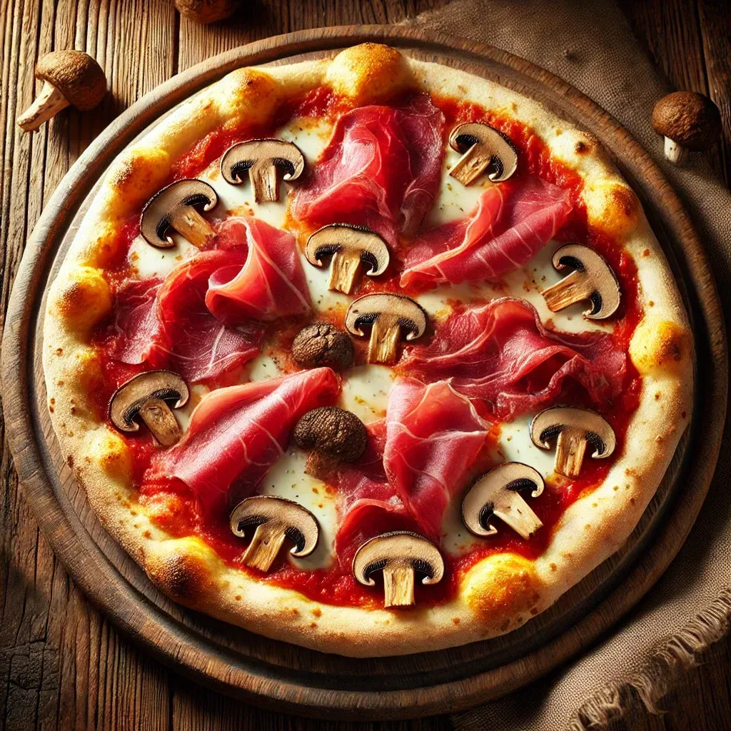 Una pizza con carne e funghi su un tagliere di legno