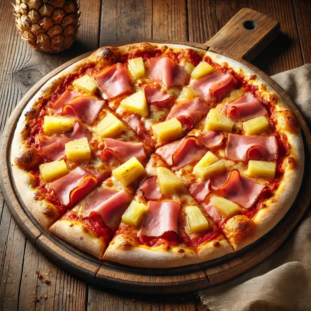 Una pizza con prosciutto e ananas su un tagliere di legno.