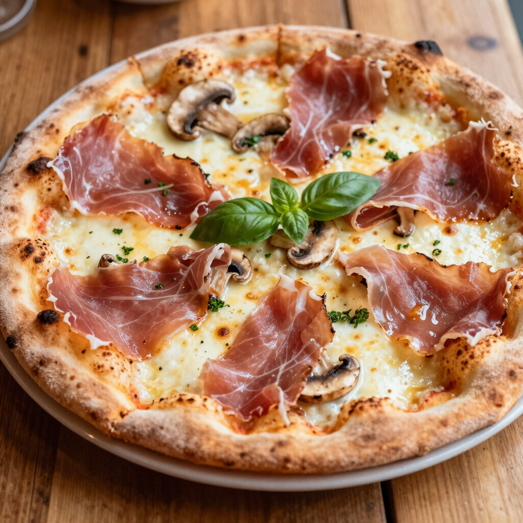 Una pizza con salame piccante, prosciutto, pomodori e peperoni verdi su un tavolo di legno.