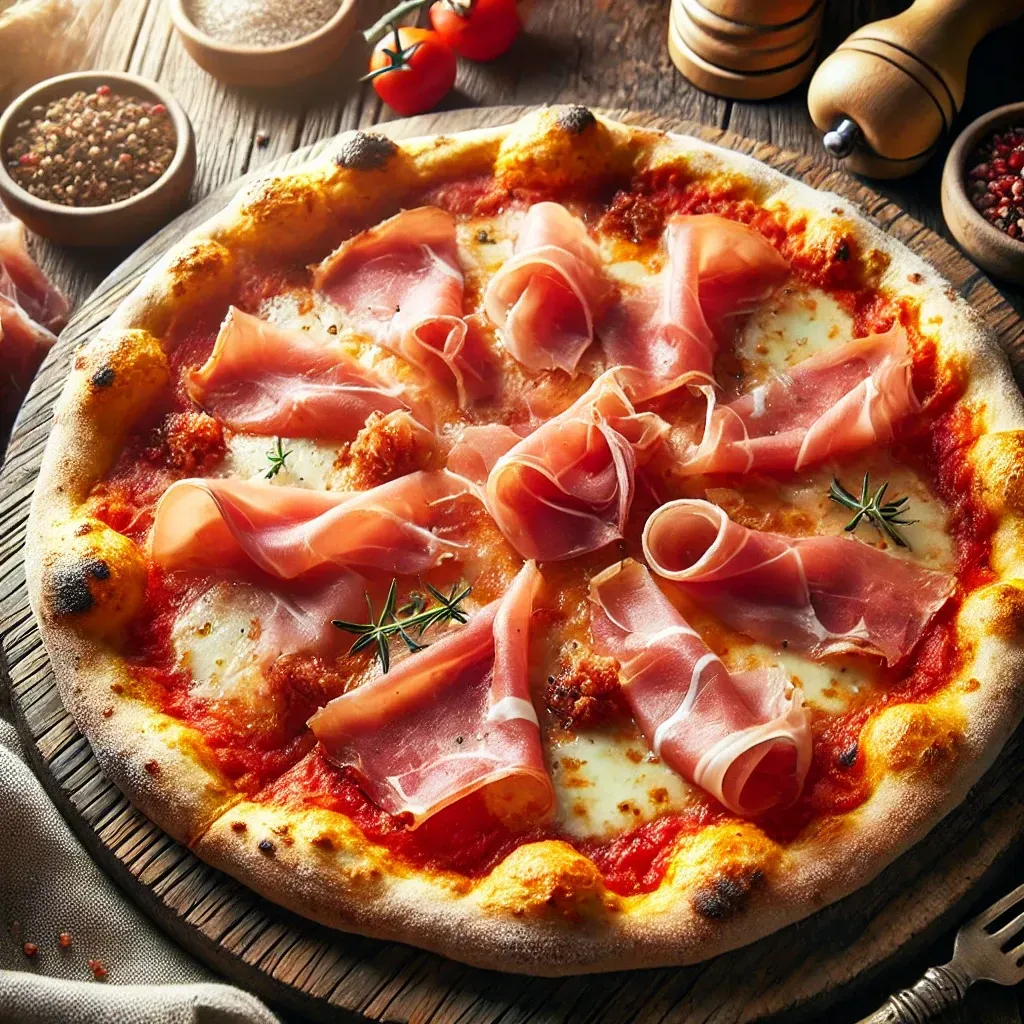 Una pizza con prosciutto e formaggio su un tagliere di legno.