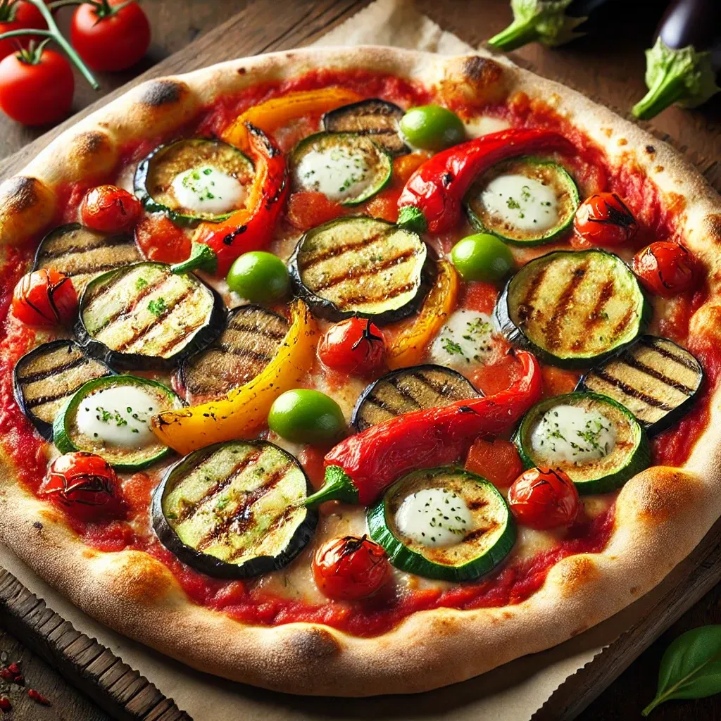 Una pizza con verdure grigliate è su un tavolo di legno.