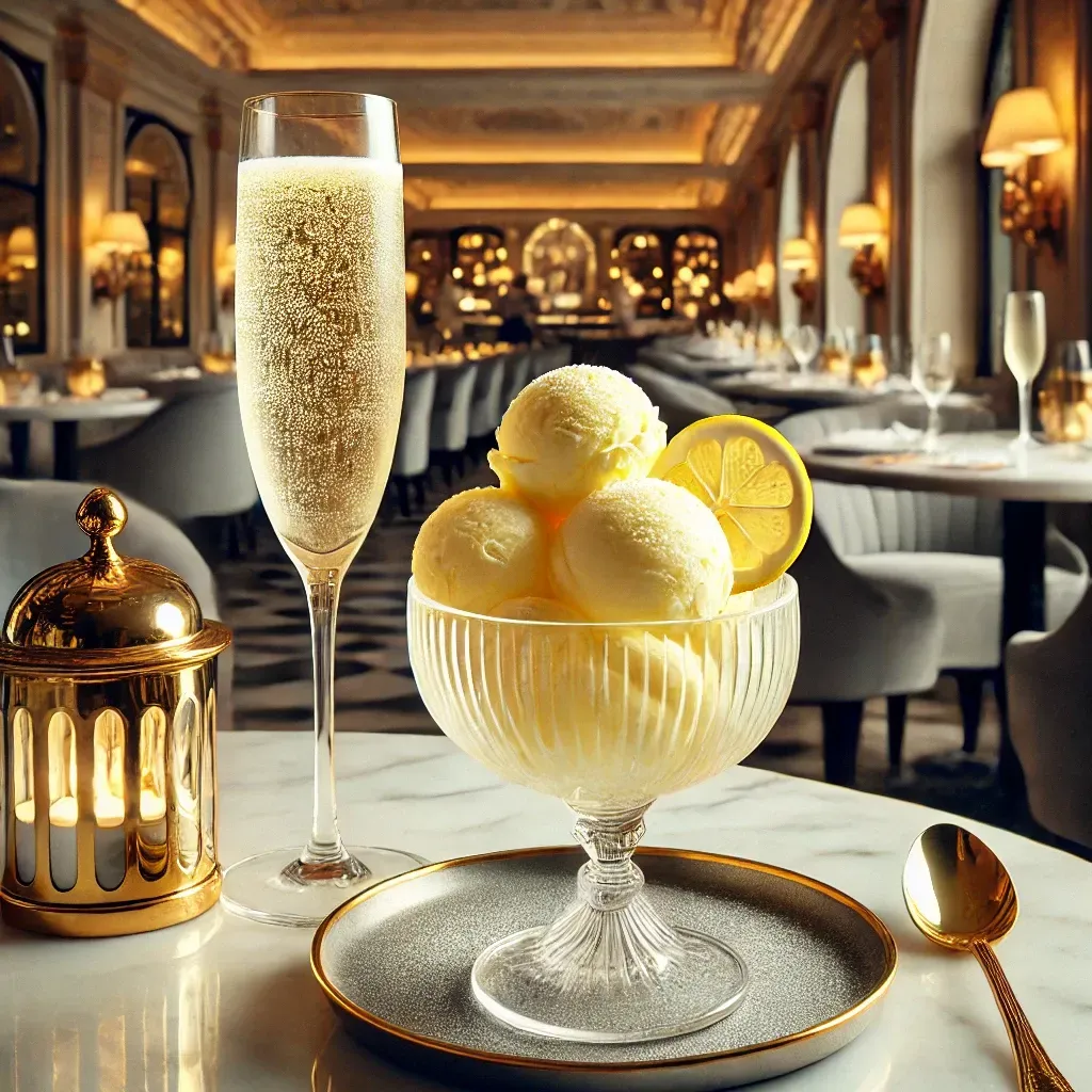 Una coppetta di gelato e un bicchiere di champagne su un tavolo in un ristorante.