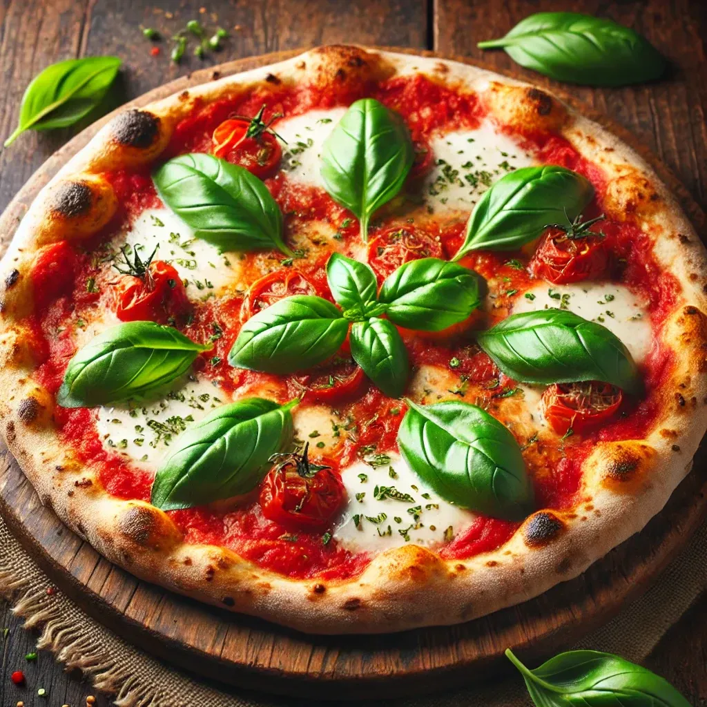 Una pizza con pomodori, formaggio e basilico su un tagliere di legno.
