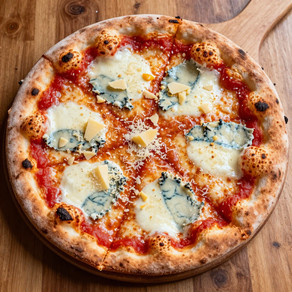Una pizza con prosciutto, funghi e pomodori su un tagliere di legno.