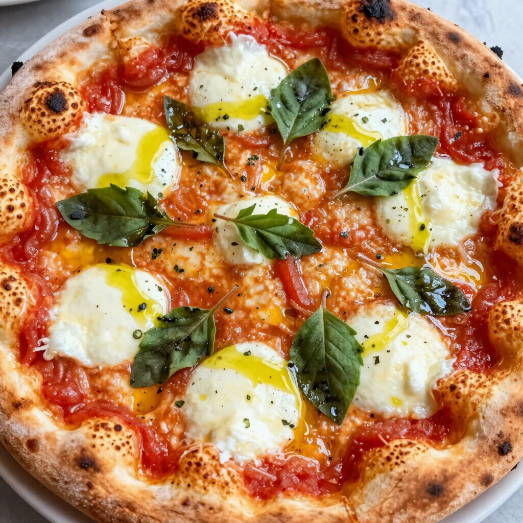 Una pizza con prosciutto, funghi e pomodori su un tagliere di legno.