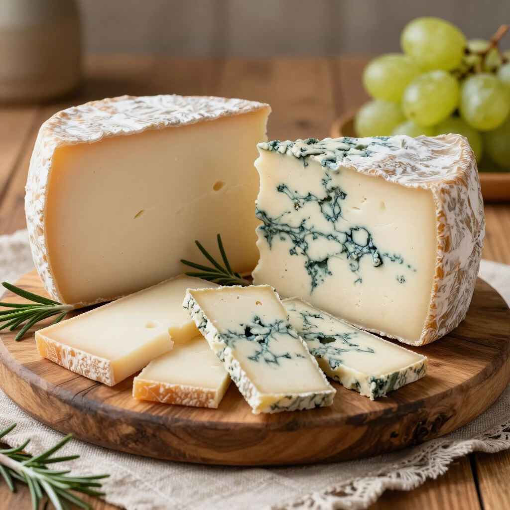 Un vassoio di legno pieno di diversi tipi di formaggio, uva e noci.