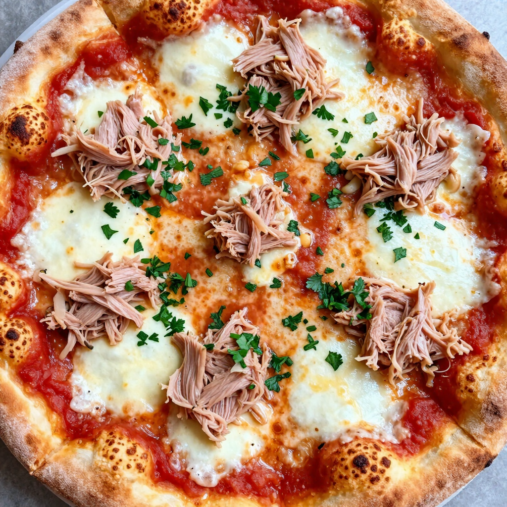 Una pizza con prosciutto, funghi e pomodori su un tagliere di legno.