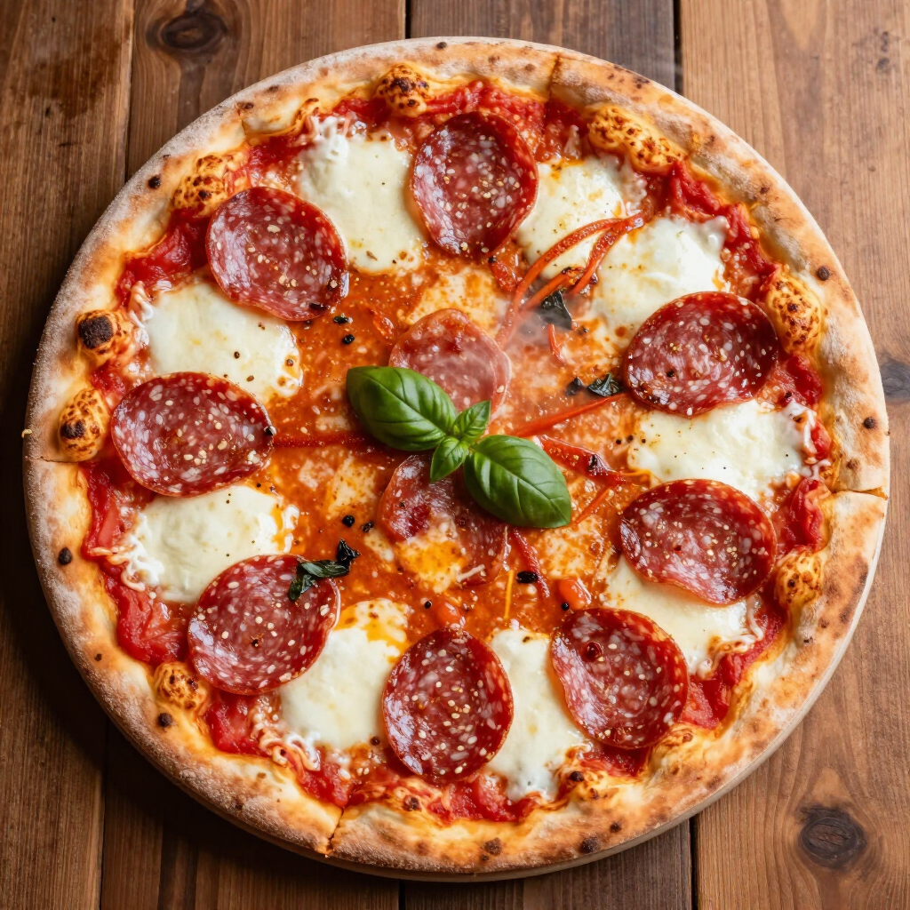 Una pizza al salame piccante è appoggiata su un tagliere di legno.