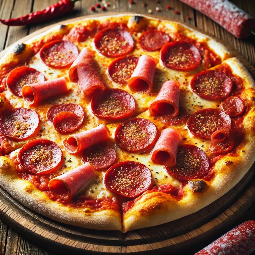 Una pizza al salame piccante è appoggiata su un tagliere di legno.