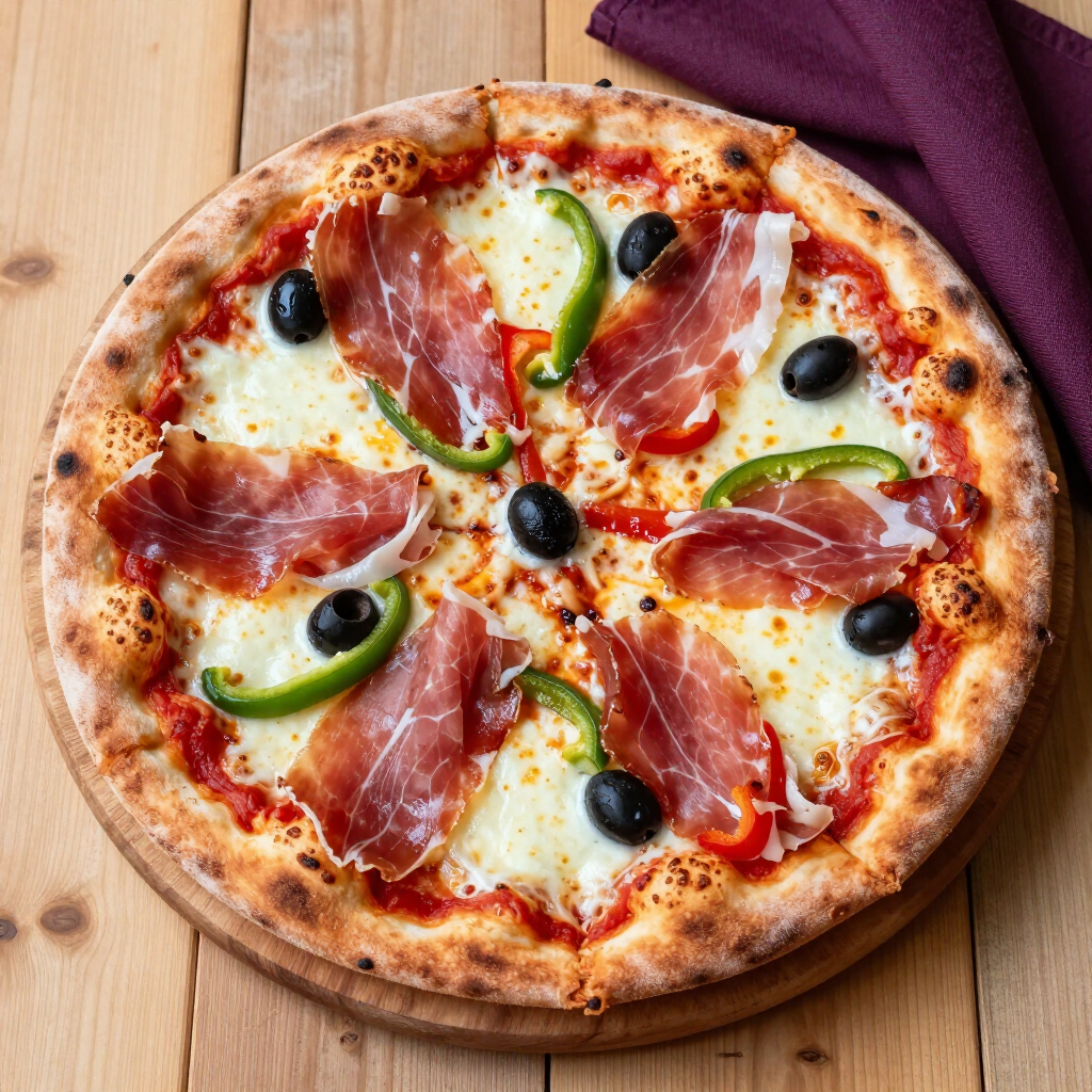 Una pizza con prosciutto, olive, peperoni e pomodori su un tagliere di legno.