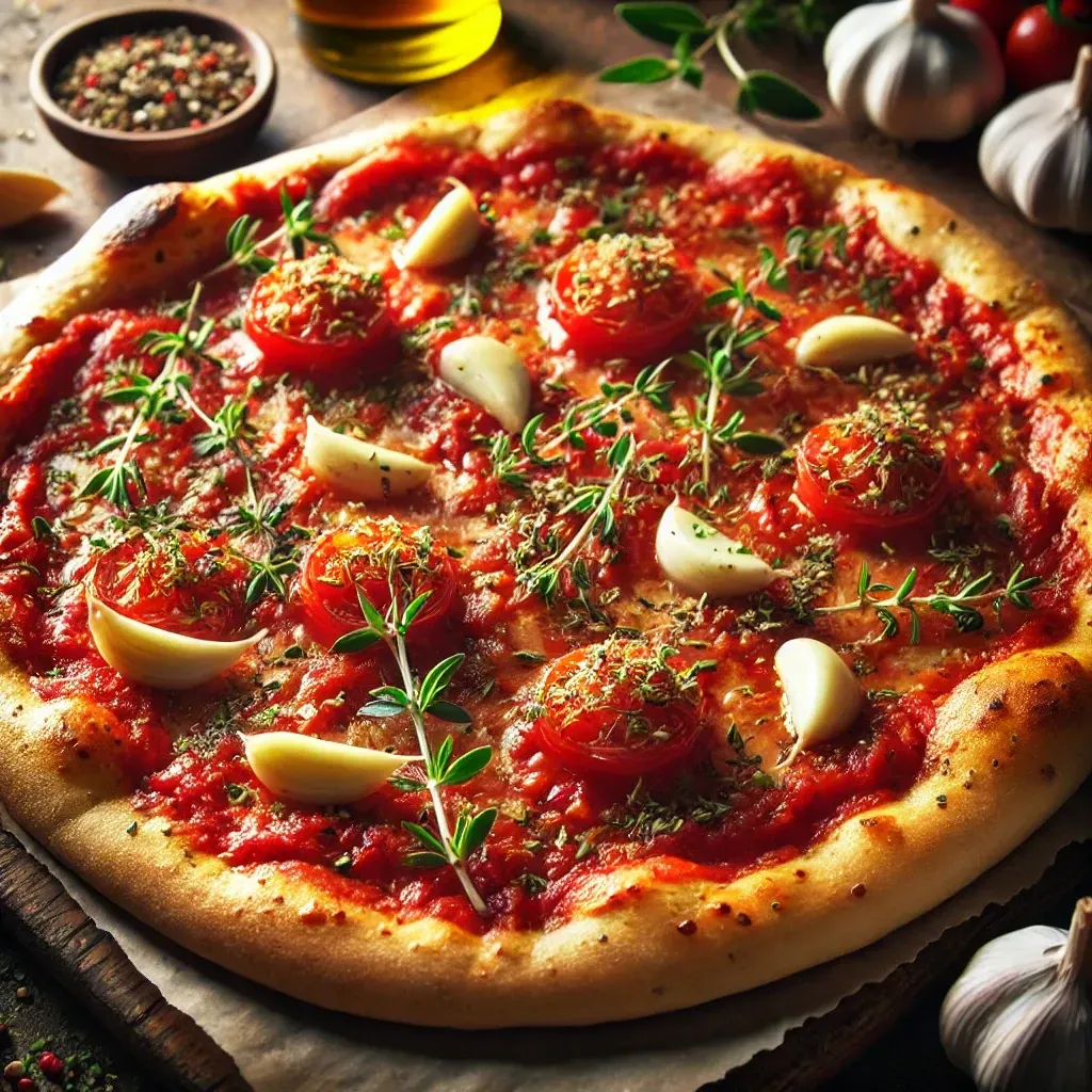 Una pizza con pomodori, aglio e timo su un tavolo di legno.