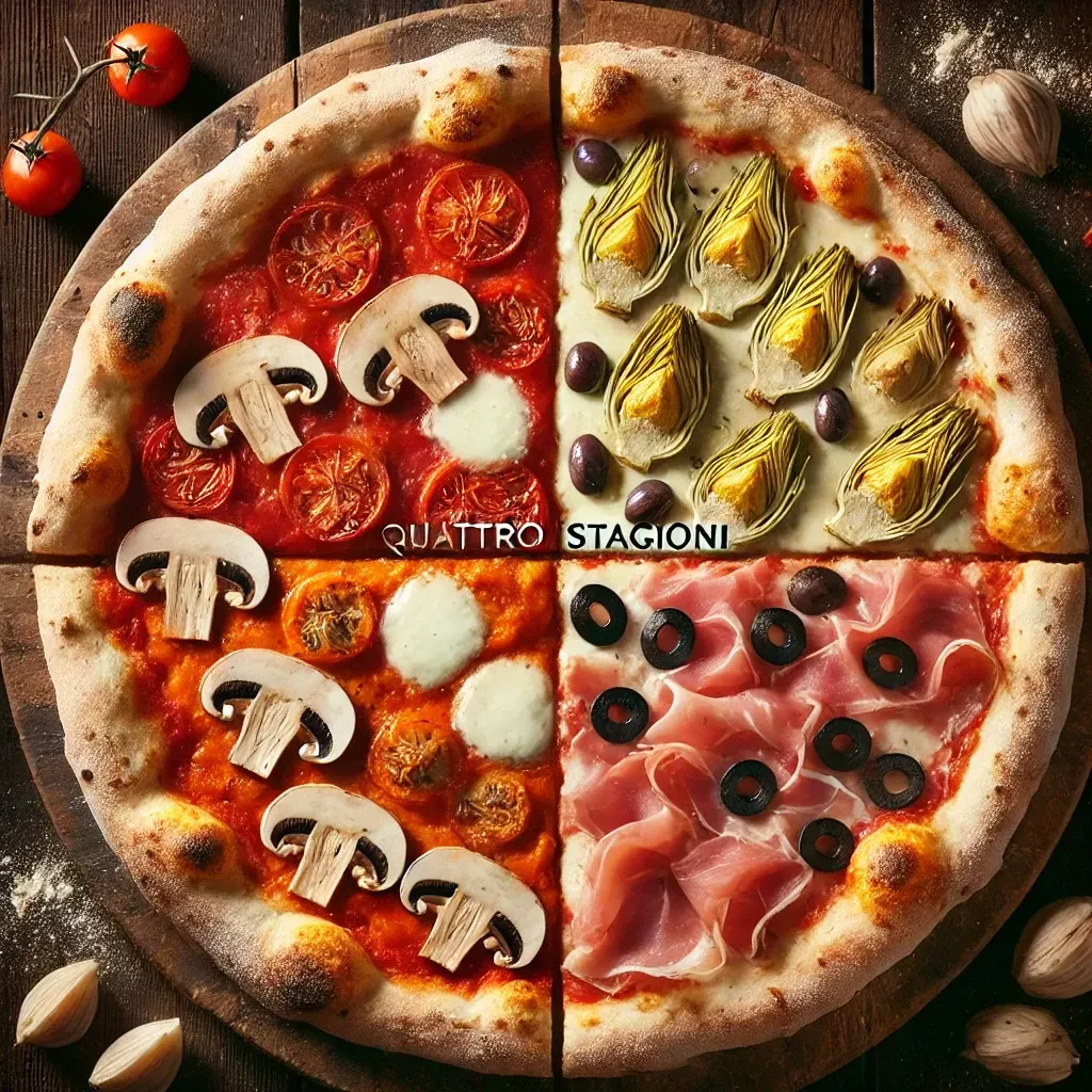Una pizza con quattro condimenti diversi