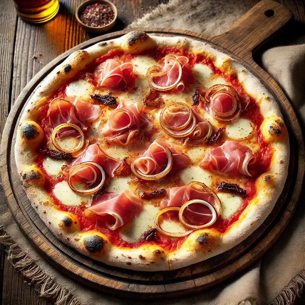 Una pizza con prosciutto, cipolle e formaggio su un tagliere di legno.