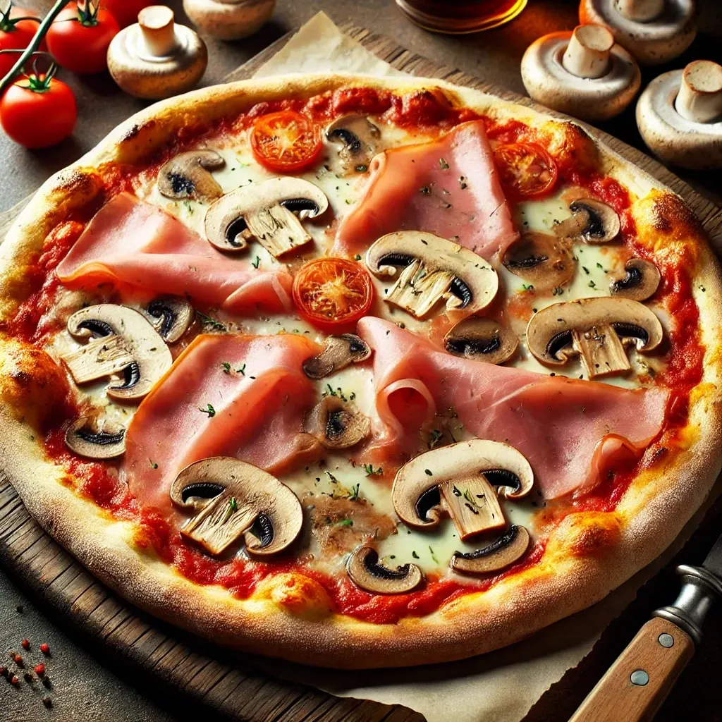 Una pizza con prosciutto, funghi e pomodori su un tagliere di legno.