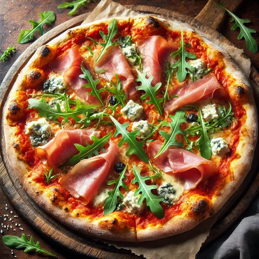 Una pizza con prosciutto, formaggio e verdure su un tagliere di legno.