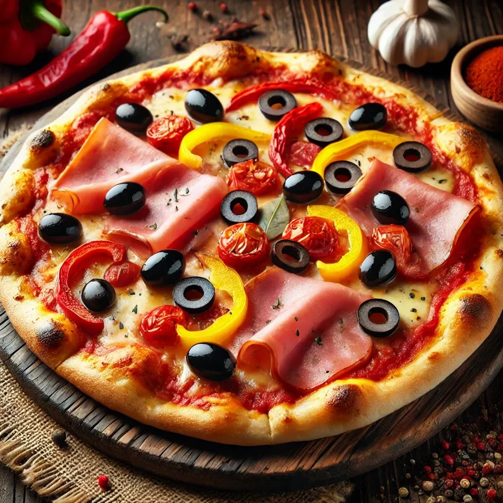 Una pizza con prosciutto, olive, peperoni e pomodori su un tagliere di legno.