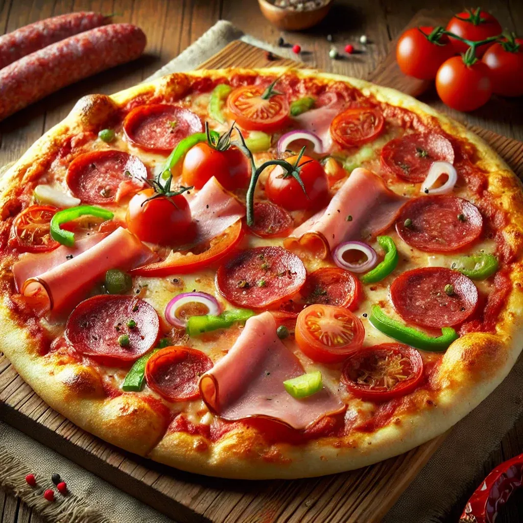 Una pizza con salame piccante, prosciutto, pomodori e peperoni verdi su un tavolo di legno.