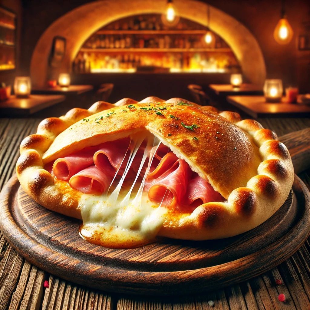 Una pizza con prosciutto e formaggio su un tagliere di legno