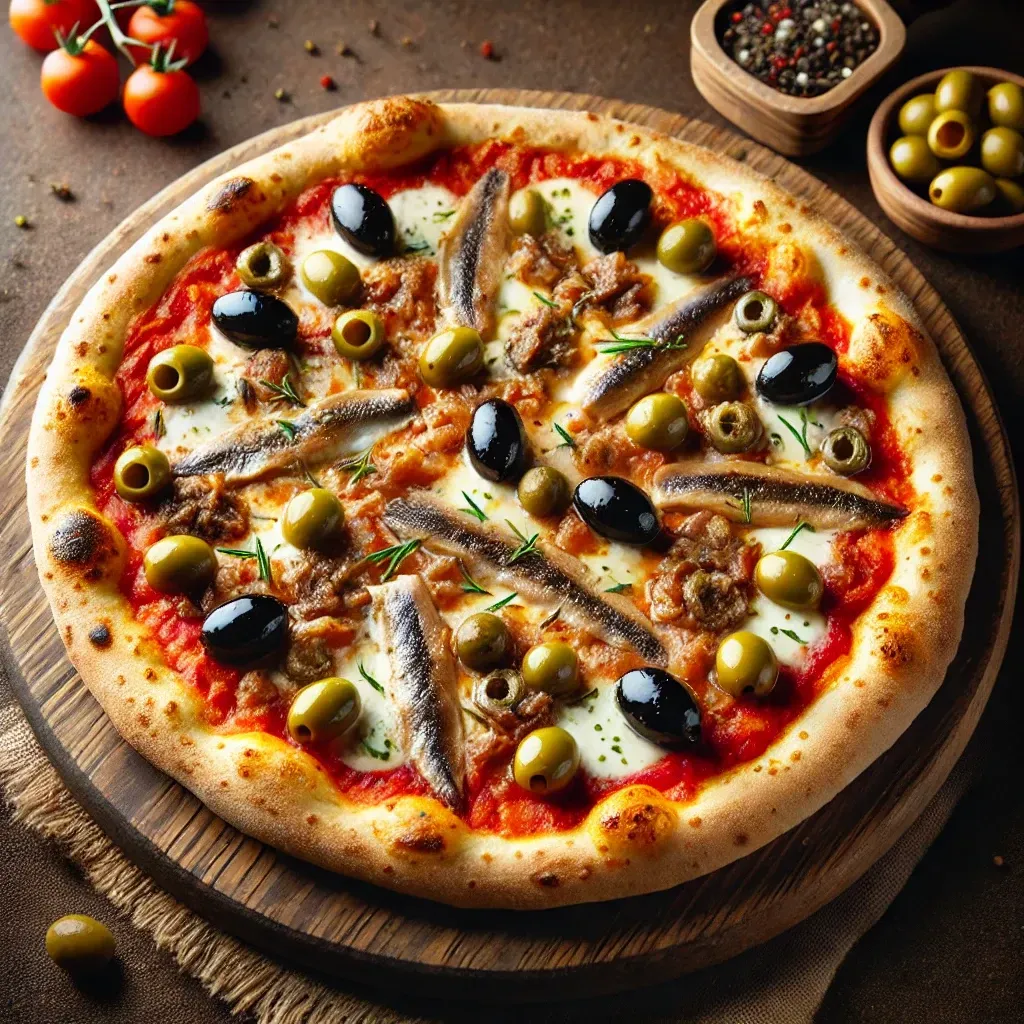 Una pizza con olive, acciughe e tonno su un tagliere di legno.