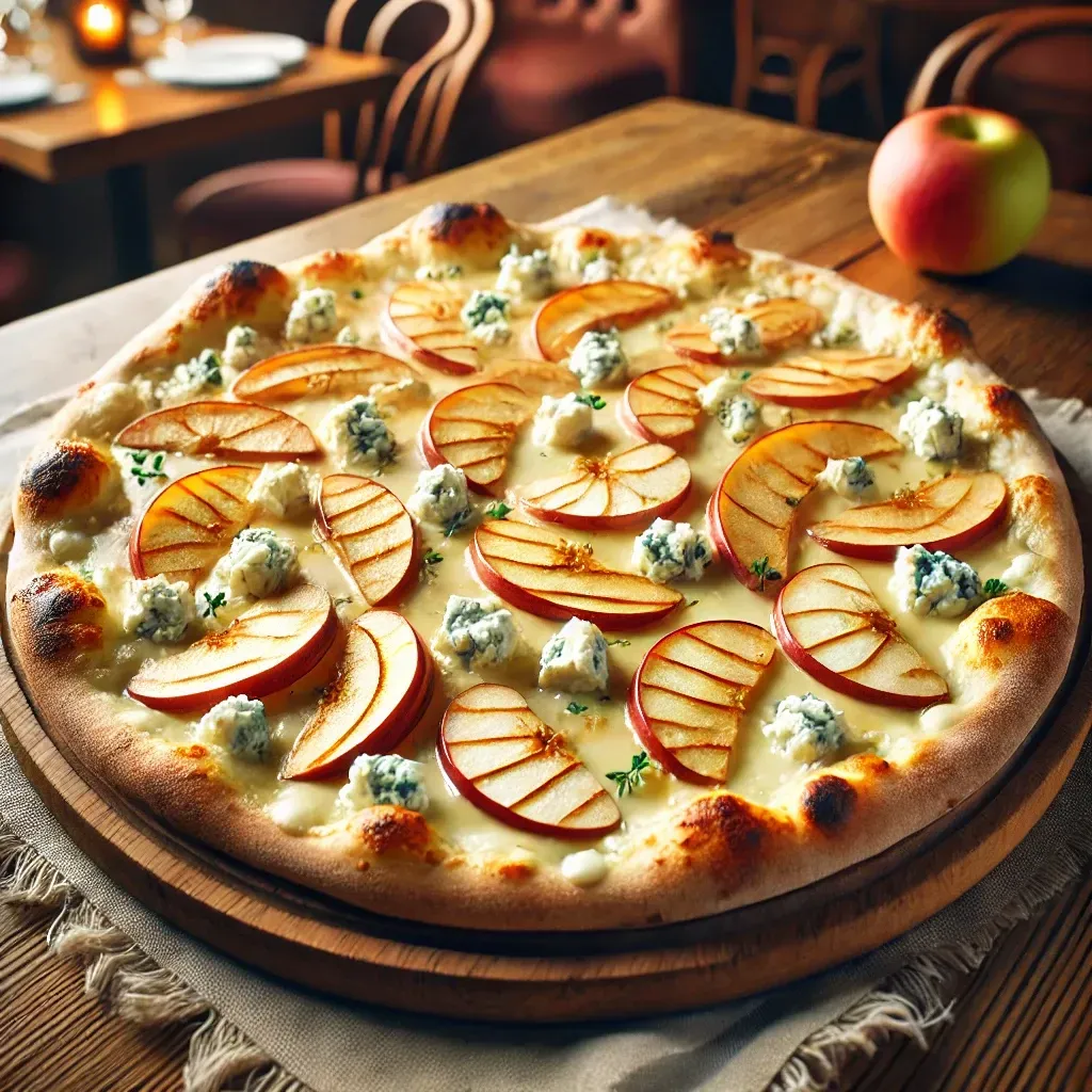 Una pizza con mele e formaggio blu su un tagliere di legno su un tavolo.