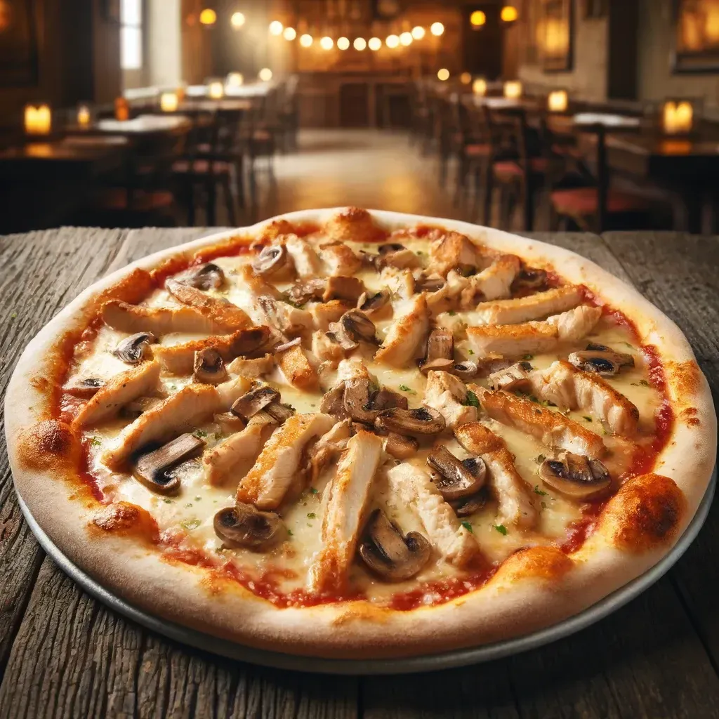 Una pizza con pollo e funghi su un tavolo di legno in un ristorante.