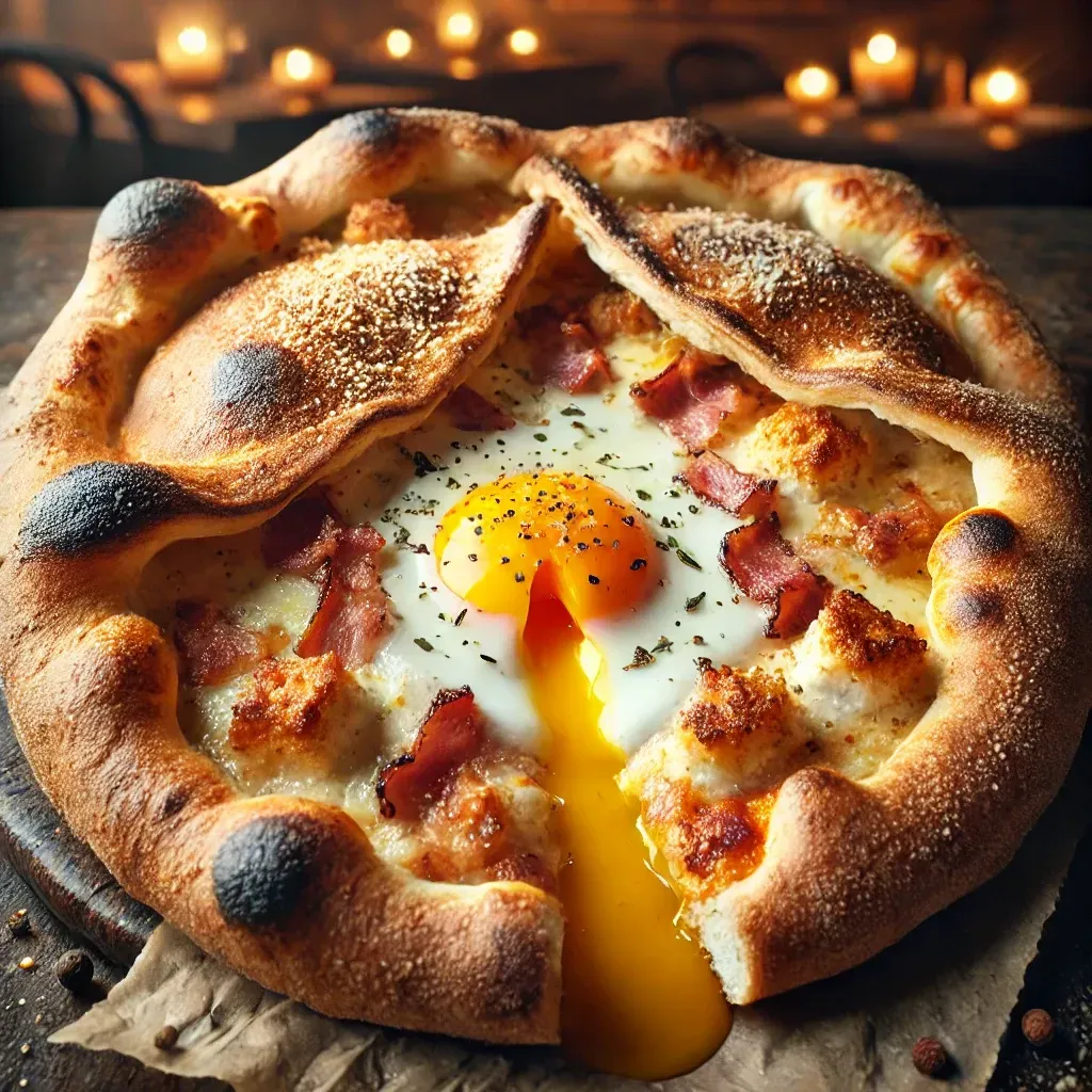 Una pizza con pancetta, formaggio e un uovo dentro