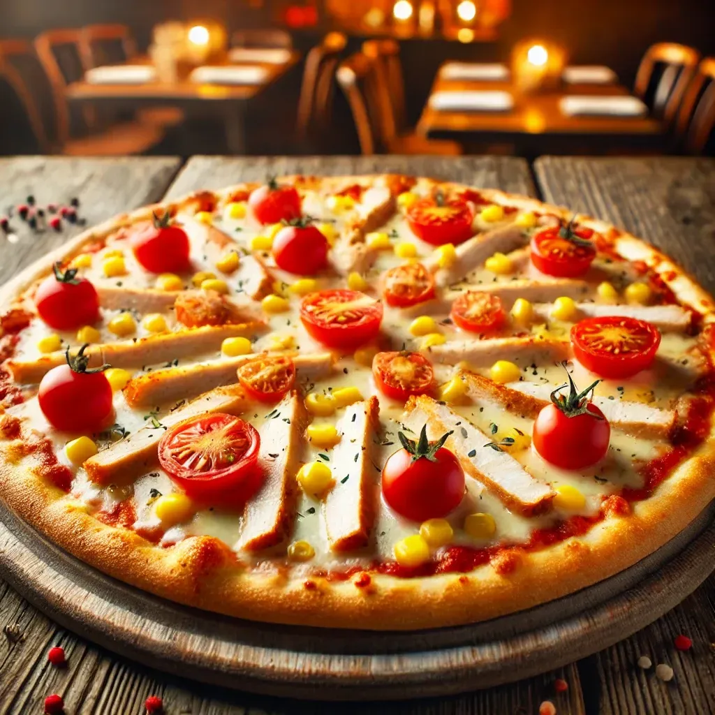Una pizza con pomodori, mais e pollo su un tavolo di legno.
